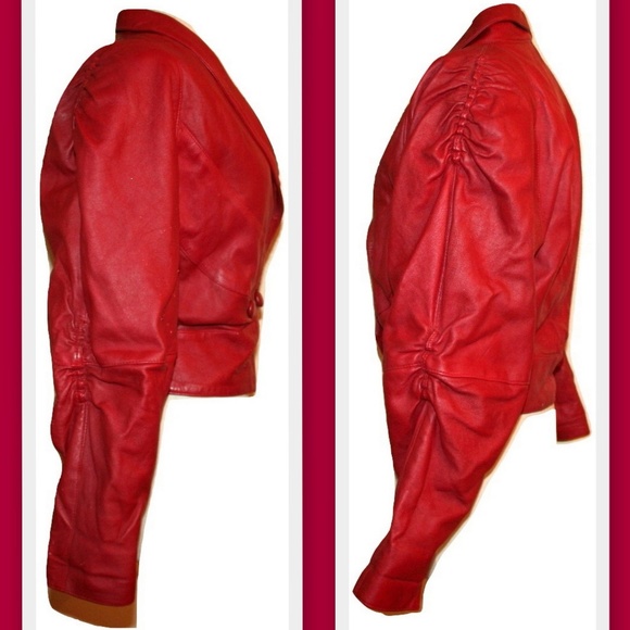 1980s Red Leather Cropped Vintage Jacket - Picture 6 of 8